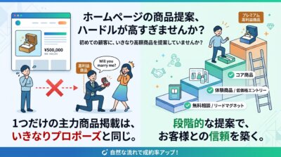 ホームページに主力商品だけを載せることを、初対面でいきなりプロポーズする姿にたとえた図解。無料相談、体験商品、コア商品、プレミアム高利益商品と段階的に提案して信頼を築く階段と対比している。