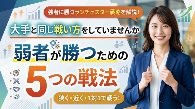 大手と同じ戦い方をしていないかという問いかけと、弱者が勝つための5つの戦法を示したアイキャッチ画像。
