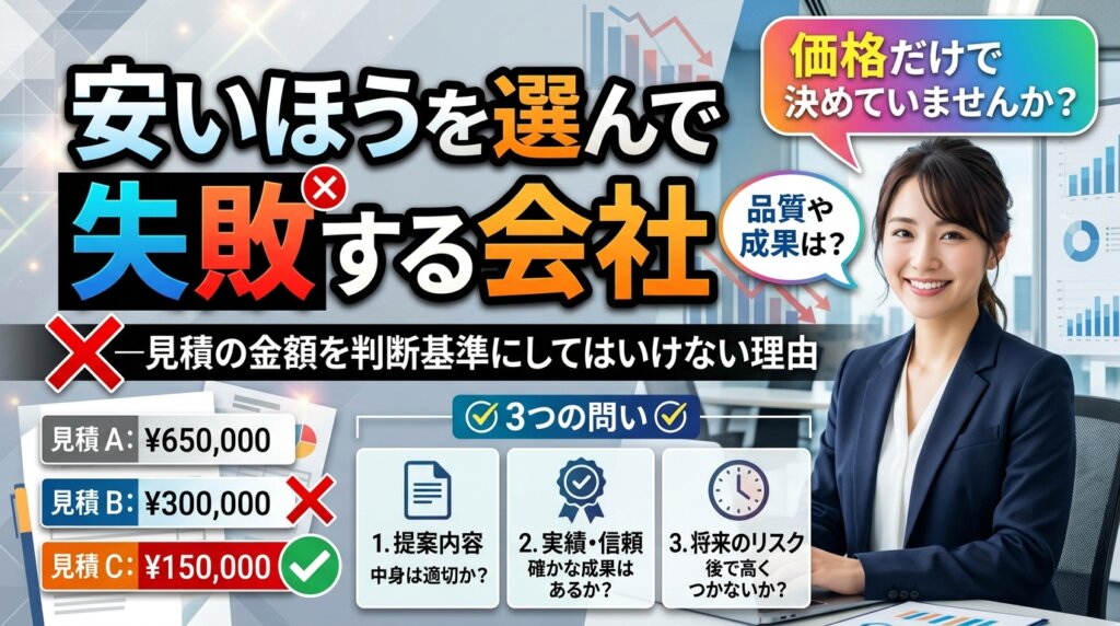 安いほうを選んで失敗する会社の共通点と、見積の金額だけを判断基準にしてはいけない理由を示したアイキャッチ画像。