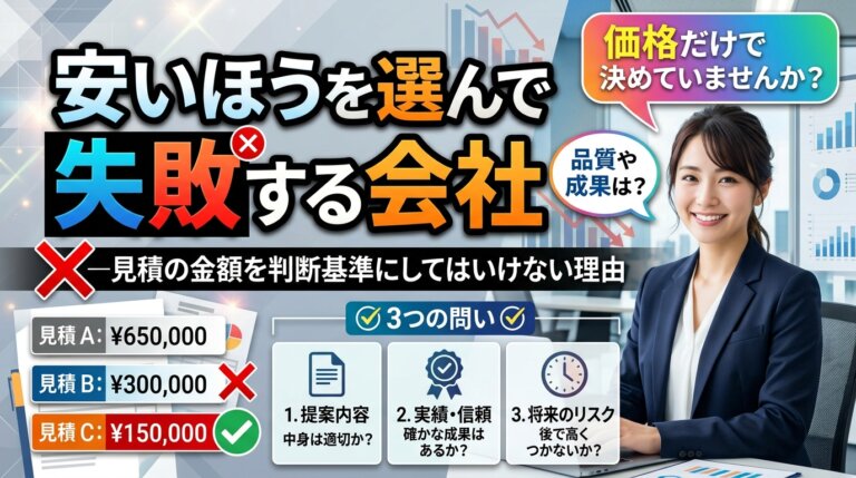 安いほうを選んで失敗する会社の共通点と、見積の金額だけを判断基準にしてはいけない理由を示したアイキャッチ画像。