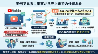YouTubeからメルマガ登録へつなぎ、見込客リストがセミナー参加やコンサルティング依頼に育つ導線を示した図解。