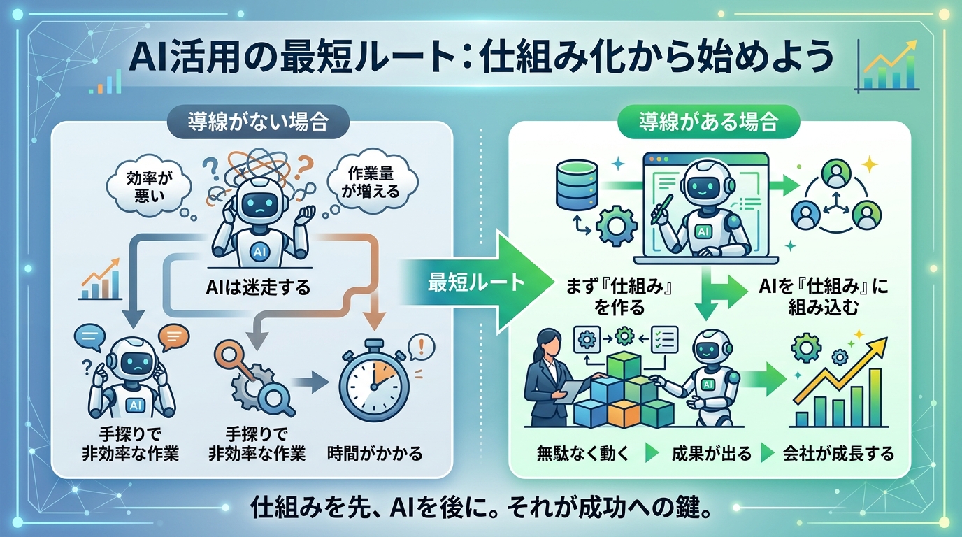 AI活用の最短ルートを示す図解。導線がない場合はAIが迷走し作業量が増える一方、導線がある場合は仕組みを先につくりAIを組み込むことで成果が出ると対比。