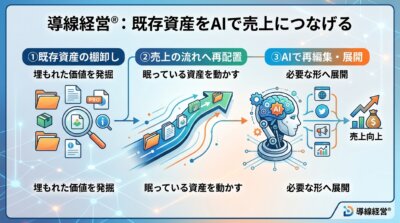 導線経営®で既存資産をAIで売上につなげる3工程の図解。既存資産の棚卸し、売上の流れへの再配置、AIでの再編集・展開の順に示す。