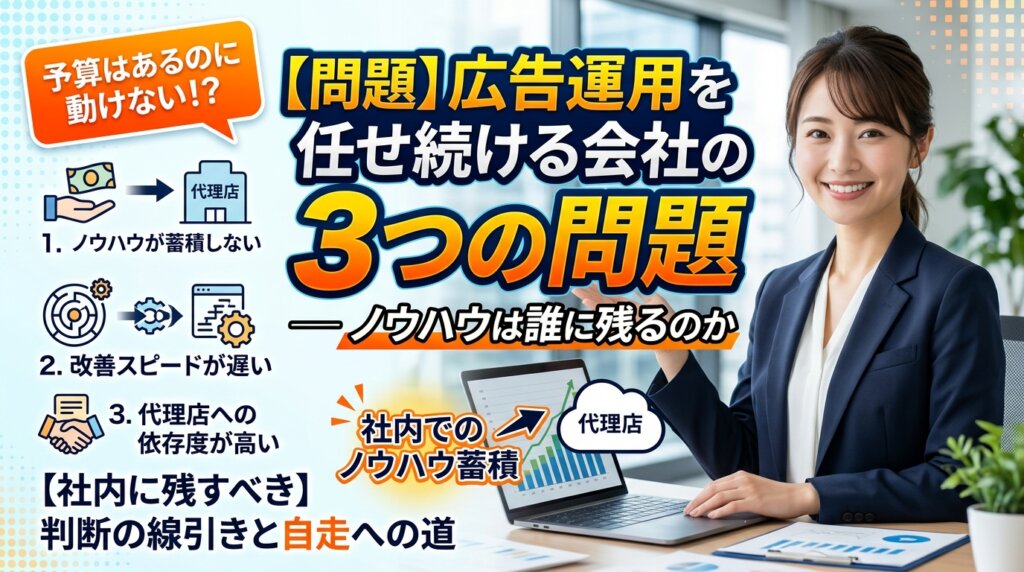 広告運用を代理店に任せ続ける会社の3つの問題と、ノウハウは誰に残るのかという論点を示したアイキャッチ画像。