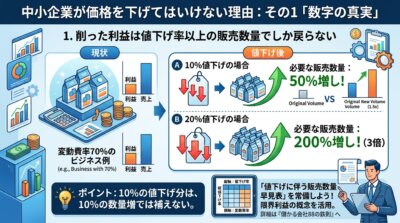 変動費率70%の会社が10%値下げすると販売数量50%増、20%値下げなら3倍が必要になることを示した図解。