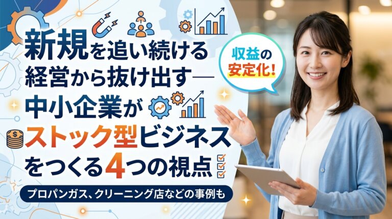 新規を追い続ける経営から抜け出し、中小企業がストック型ビジネスをつくる4つの視点を紹介する記事のアイキャッチ画像。