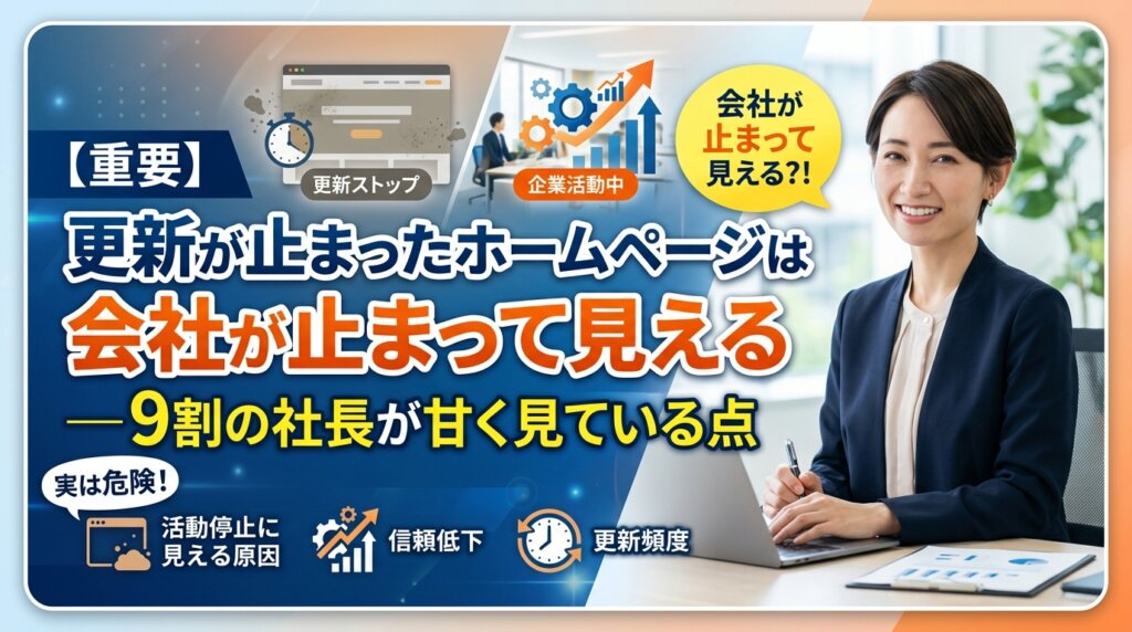 更新が止まったホームページは会社が止まって見えるという指摘と、9割の社長が甘く見ている点を示したアイキャッチ画像。