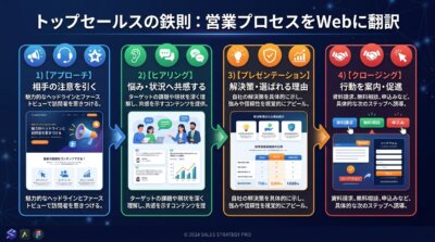 アプローチ・ヒアリング・プレゼンテーション・クロージングという営業プロセス4段階を、集客ページの順番へ置き換える考え方を示した図解。