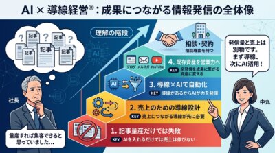 AIと導線経営による成果へのプロセスを4段階の階段図で示したビジネス向け解説画像。