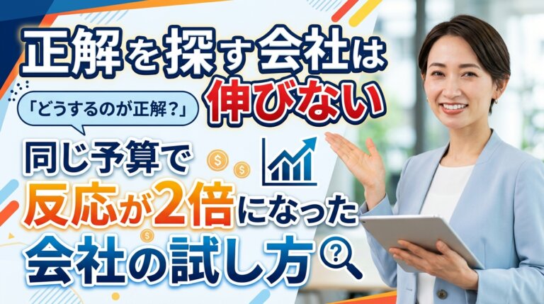 正解を探す会社は伸びないという主張と、同じ予算で反応が2倍になった会社の試し方を示したアイキャッチ画像。