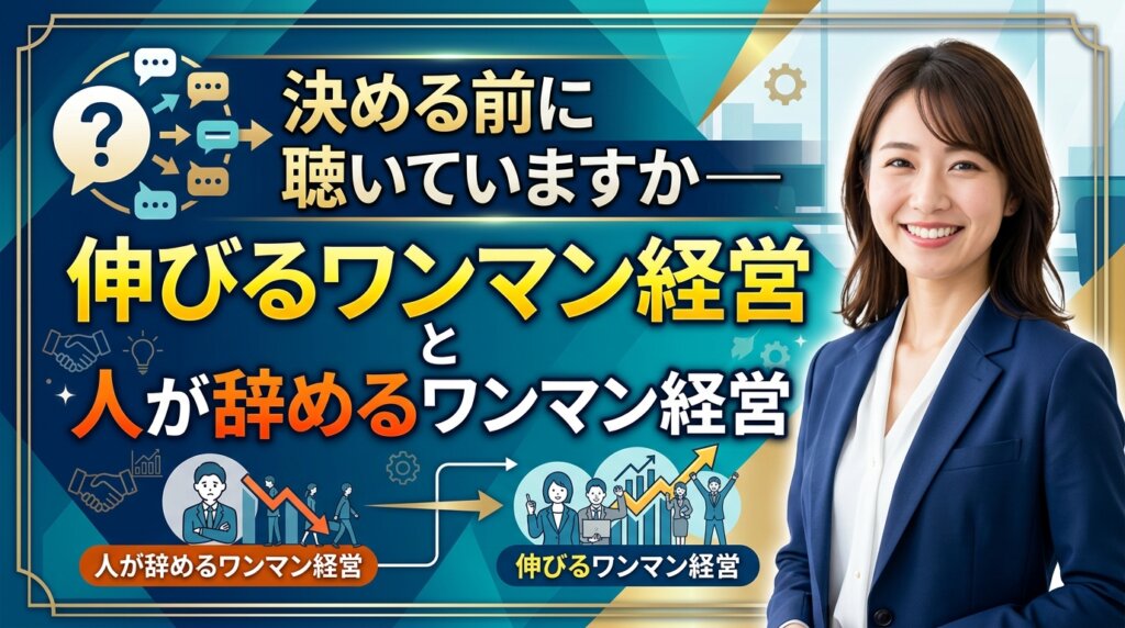 決める前に聴いているかという問いかけと、伸びるワンマン経営と人が辞めるワンマン経営の違いを示したアイキャッチ画像。