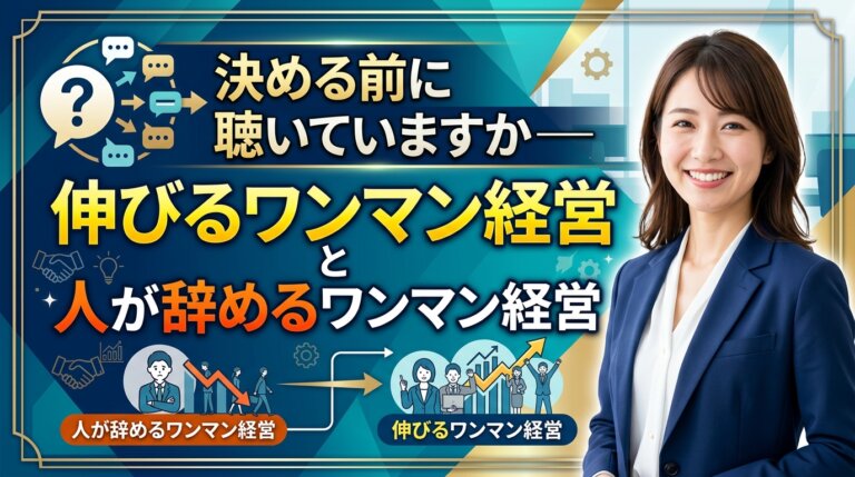 決める前に聴いているかという問いかけと、伸びるワンマン経営と人が辞めるワンマン経営の違いを示したアイキャッチ画像。