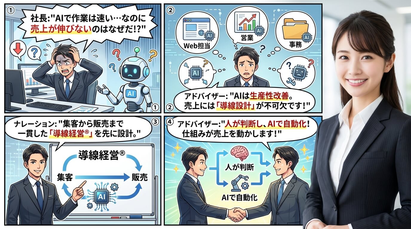 AIだけでは売上につながらず、集客から販売までの導線設計が必要だと社長が気づく4コマ漫画