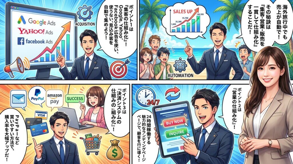 Web広告や自動化システム、決済手段を使い、売上を自動化するビジネスモデルを解説する漫画風のイラスト。