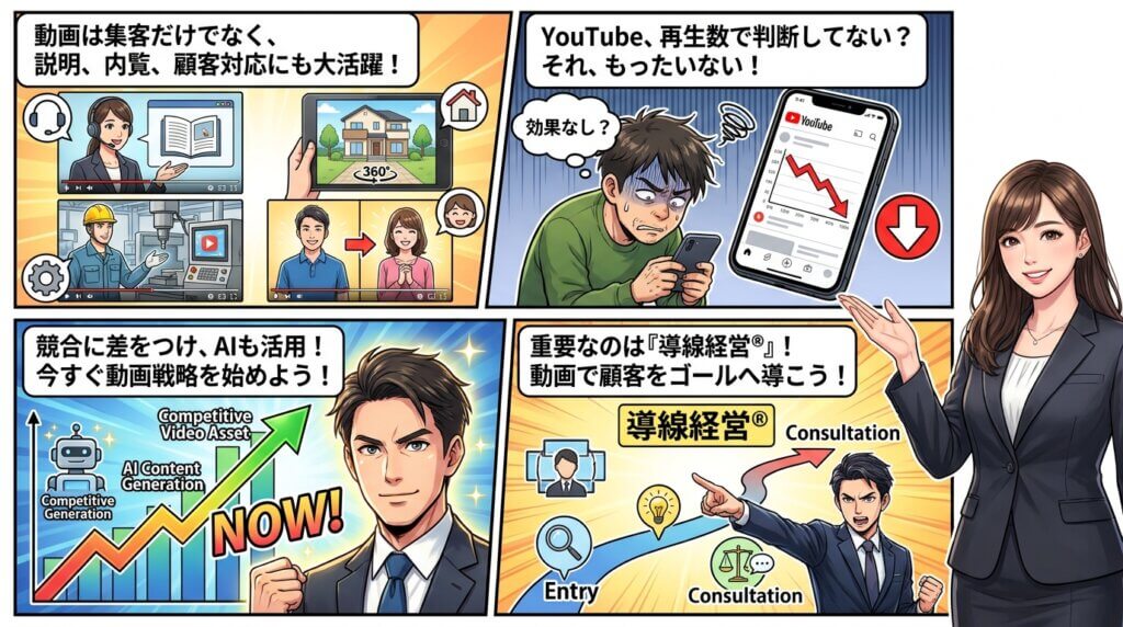 動画活用と導線経営の重要性を解説する4枚のビジネス漫画風パネル図