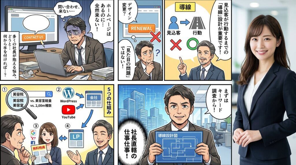 WEBマーケティングの導線設計を解説する漫画。悩む社長と専門家、マーケティングの仕組みやキーワード調査の手順が描かれている。