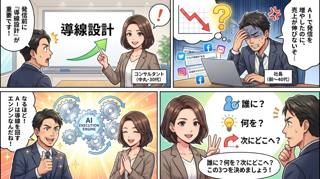 AIで発信を増やしても売上が伸びず悩む社長に、発信前の導線設計と「誰に・何を・次にどこへ」の3つを決める大切さを中丸が伝え、AIは導線を回すエンジンだと納得する4コマ漫画