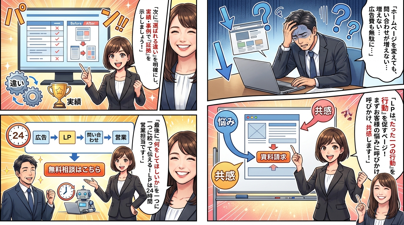ランディングページの5つの要素を解説する4コマ漫画。問い合わせが増えず悩む男性経営者に、女性が呼びかけと共感、違いと実績の提示、行動を一つに絞ることの順で説明している。
