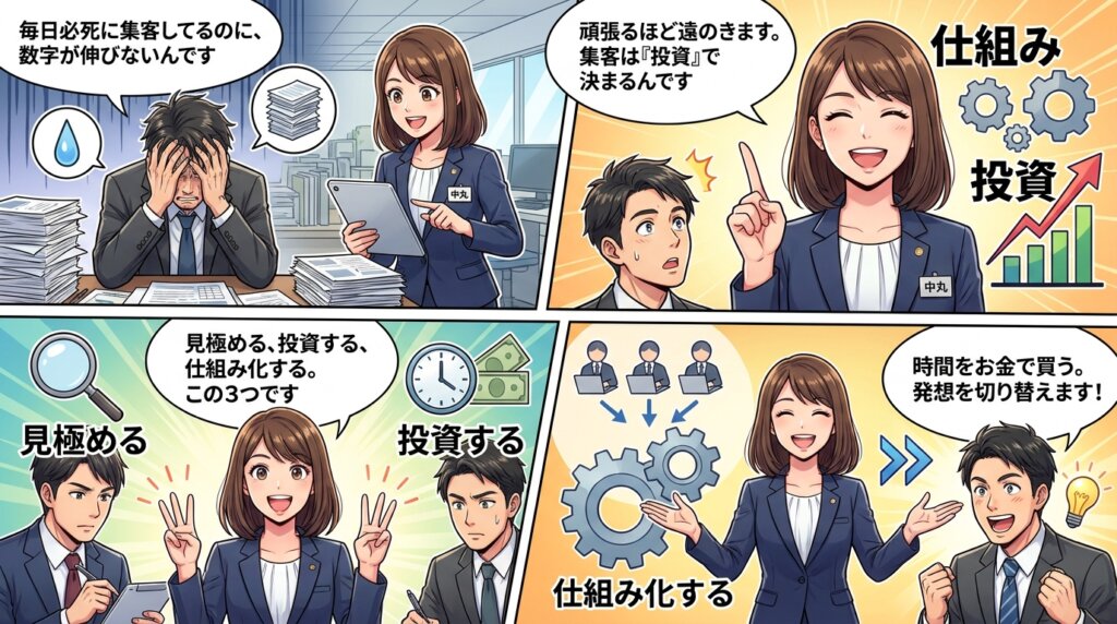 毎日必死に集客しても数字が伸びないと悩む社長に、コンサルタントが集客は投資で決まると説き、見極める・投資する・仕組み化するの3つを示す4コマ漫画。