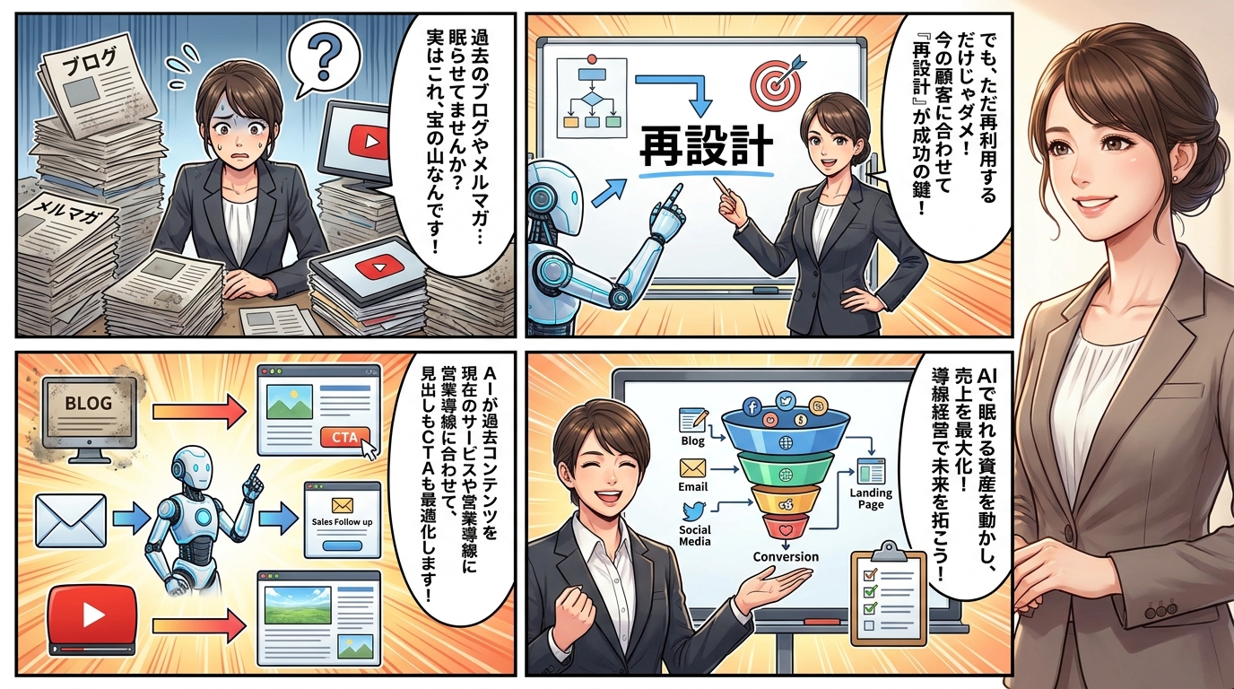 AIを活用して過去のブログやメルマガを再設計し、マーケティングファネルを最適化して売上を上げるプロセスを描いた4コマ漫画。