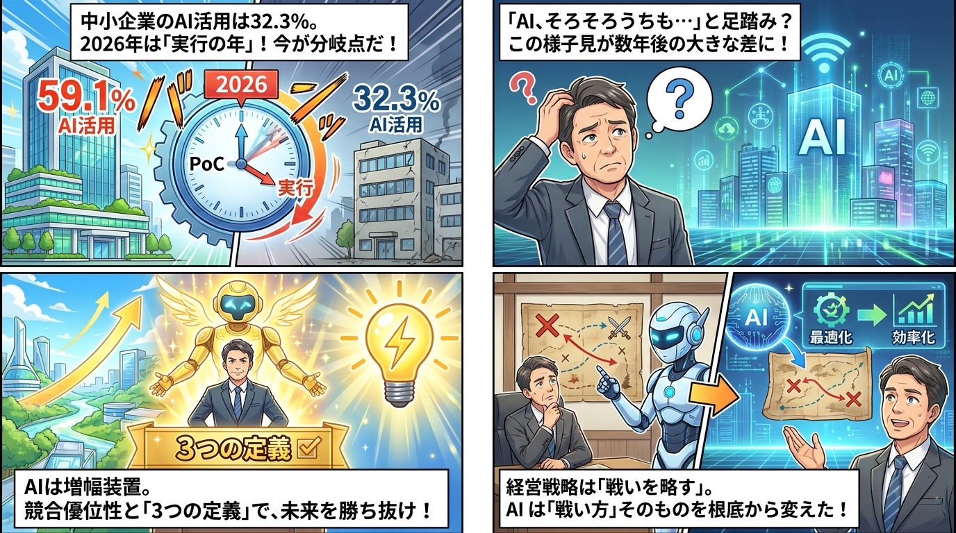 中小企業のAI活用と経営戦略の重要性を説く4コマ形式のビジネス啓発画像。