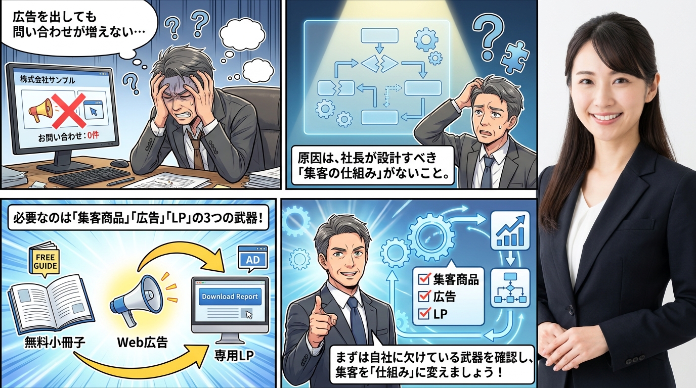 WEB集客の仕組みを解説する4コマ漫画。悩む社長と解決策として集客商品、広告、LPの重要性を説く構成。