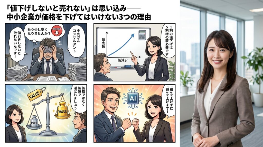 「値下げしないと売れない」と悩む社長に、コンサルタントが1割の値下げには5割増の販売が必要だと数字で示し、価格ではなく価値で選ばれる会社を目指そうと伝える4コマ漫画。