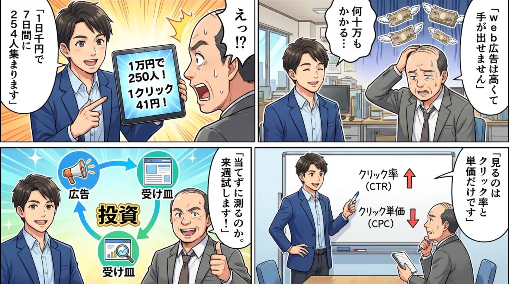 web広告は高くて手が出せないと悩む社長に、コンサルタントが1日千円で7日間に254人集まった実績と、見るべきはクリック率と単価だけだと伝える4コマ漫画。
