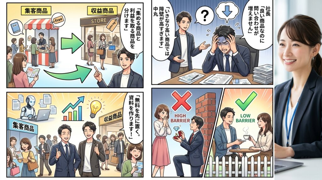 良い商品なのに問い合わせが増えないと悩む社長に、コンサルタントがいきなり高い商品では障壁が高すぎると指摘し、集める商品と利益を取る商品を分けようと伝える4コマ漫画。