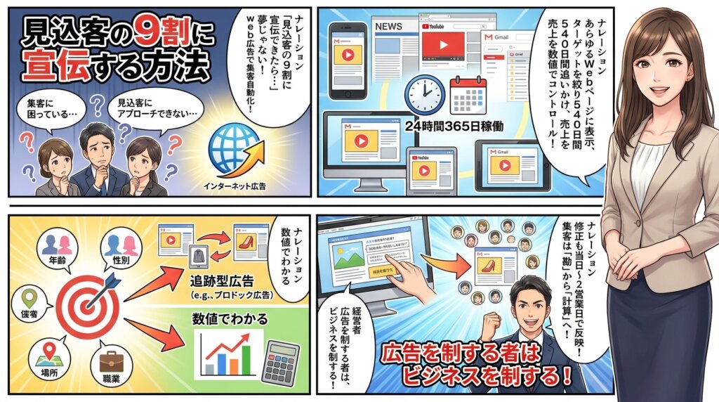 見込客の9割に宣伝する方法を解説する4コマ漫画。集客に困る経営者に対し、web広告が24時間365日稼働してターゲットを絞り、追跡型広告で数値がわかり、当日から修正できることを説明している。