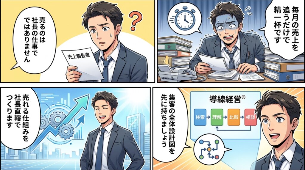 毎月の売上を追うだけで精一杯の社長が、売るのは社長の仕事ではないと気づき、集客の全体設計図を持って売れる仕組みを社長直轄でつくる4コマ漫画。