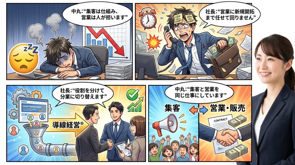 営業に新規開拓まで任せて回らない社長が、集客と営業を同じ仕事にしていた誤りに気づき、役割を分けて分業へ切り替える4コマ漫画。