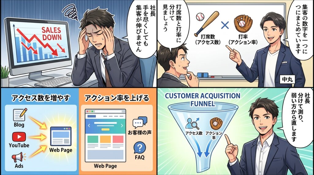 集客が伸びない社長が、集客の数字を一つにまとめていた誤りに気づき、打席数と打率に分けて弱い方から直す方針へ変わる4コマ漫画。
