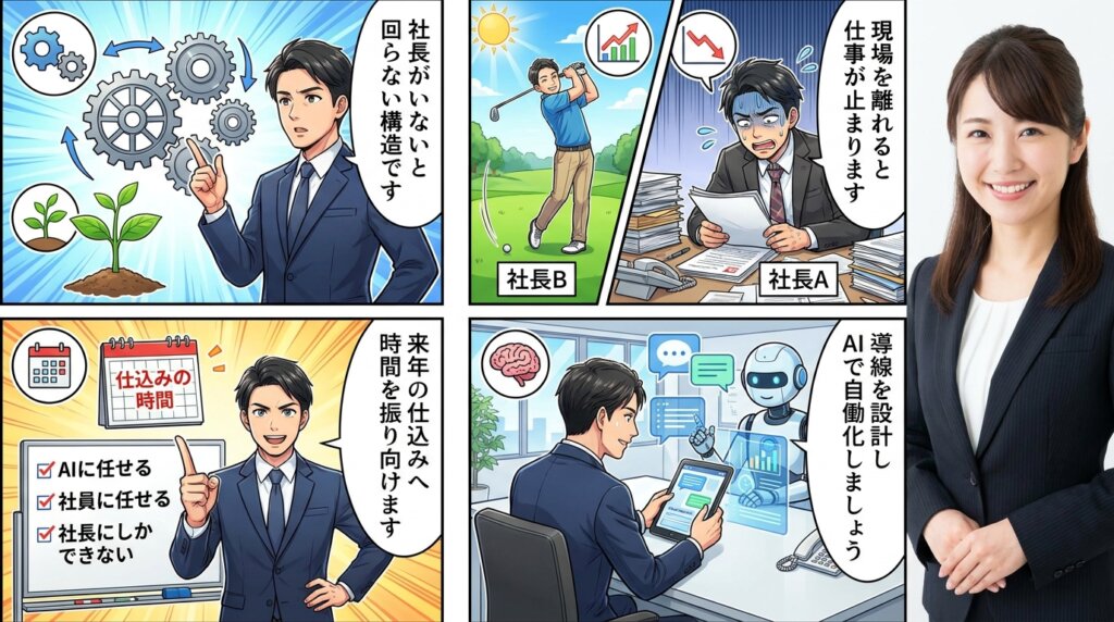 現場を離れられない社長が、社長がいないと回らない構造に気づき、導線設計とAIの自働化で仕組みをつくる決意に至るまでを描いた4コマ漫画。