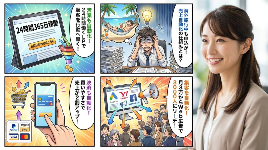 ビジネスの自動化による業務効率化と売上向上を解説する、4コマ漫画と微笑む女性が描かれた説明イラスト。