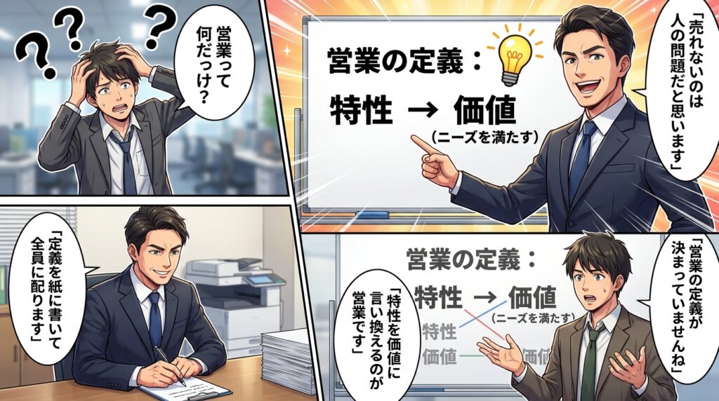 売れないのは人の問題だと考えていた社長が、営業の定義が決まっていないことに気づき、特性を価値に言い換えるのが営業だと知って定義を全員に配ると決めるまでを描いた4コマ漫画。