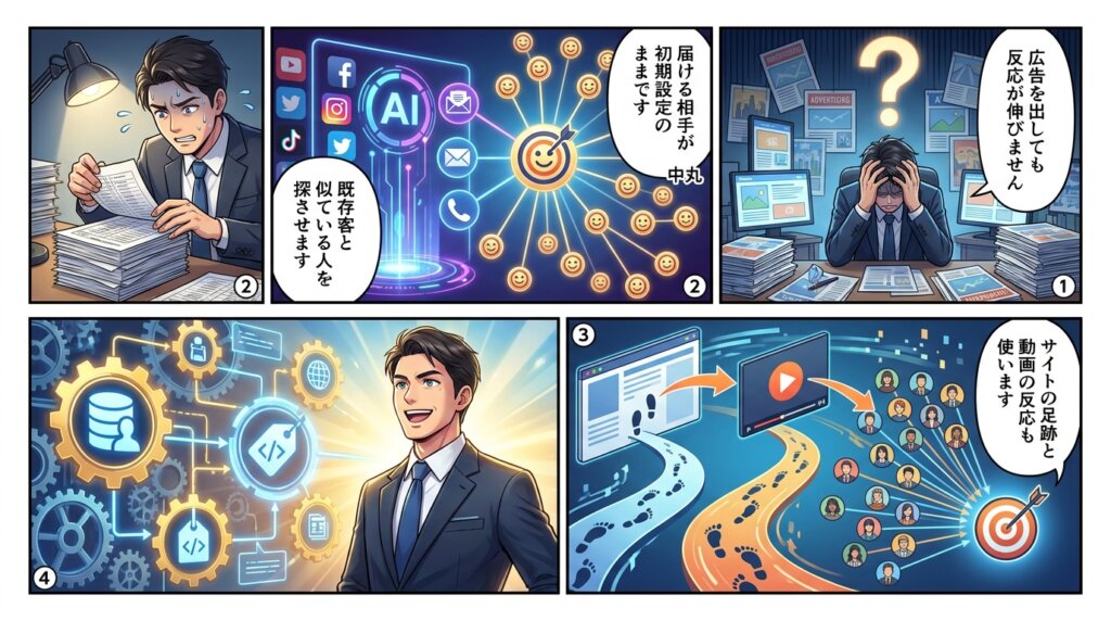 広告の反応が伸びない社長が、届ける相手が初期設定のままだと気づき、既存客と似ている人やサイトの足跡・動画の反応から配信先を自動で絞り込むと決めるまでを描いた4コマ漫画。