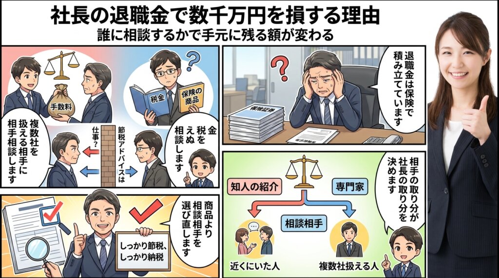 退職金を保険で積み立てている社長に、相手の取り分が社長の取り分を決めると伝え、複数社を扱える相手に相談すると示し、商品より相談相手を選び直すと決める4コマ漫画。