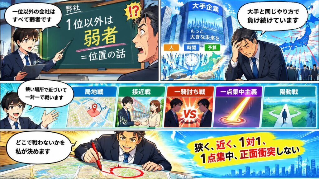 大手と同じやり方で負け続ける社長が、1位以外はすべて弱者だと気づき、狭く近く一対一で戦う場所を自分で決める4コマ漫画。
