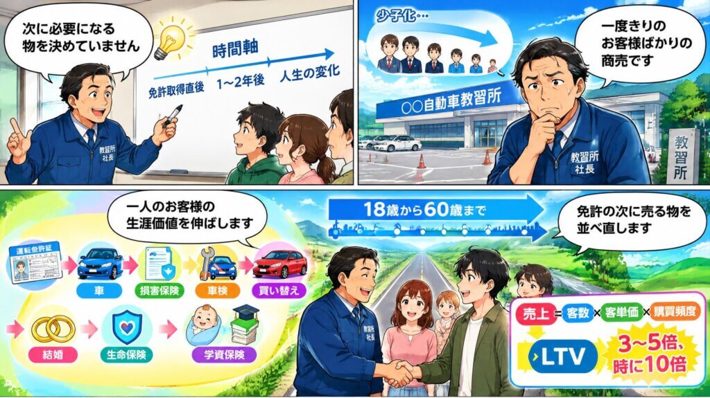 一度きりの商売を続ける教習所長が、免許の次に必要な物を決めていないと気づき、生涯価値を伸ばす商品を並べ直す4コマ漫画。