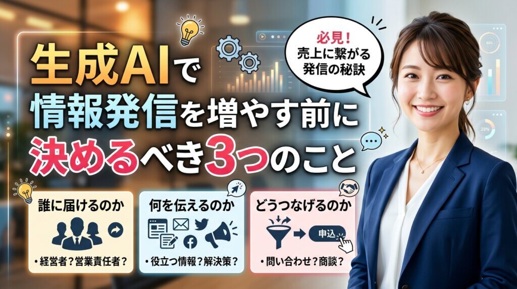 スーツ姿の女性と、生成AIで情報発信を増やす前に決めるべき3つのこと(誰に届けるか・何を伝えるか・どうつなげるか)を示したアイキャッチ画像。
