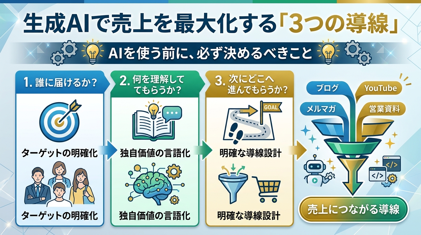 生成AIで売上を最大化する3つの導線を示す図解。誰に届けるか、何を理解してもらうか、次にどこへ進んでもらうかを決めてから発信する流れを表す。