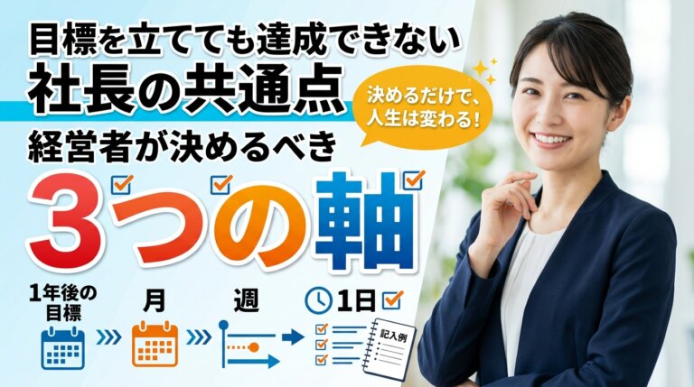 目標を立てても達成できない社長の共通点と、経営者が先に決めるべき3つの軸を示したアイキャッチ画像。
