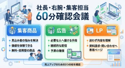 社長・右腕・集客担当による60分確認会議の図解。集客商品・広告・LPの3つの柱について、確認すべき項目をそれぞれ並べている。