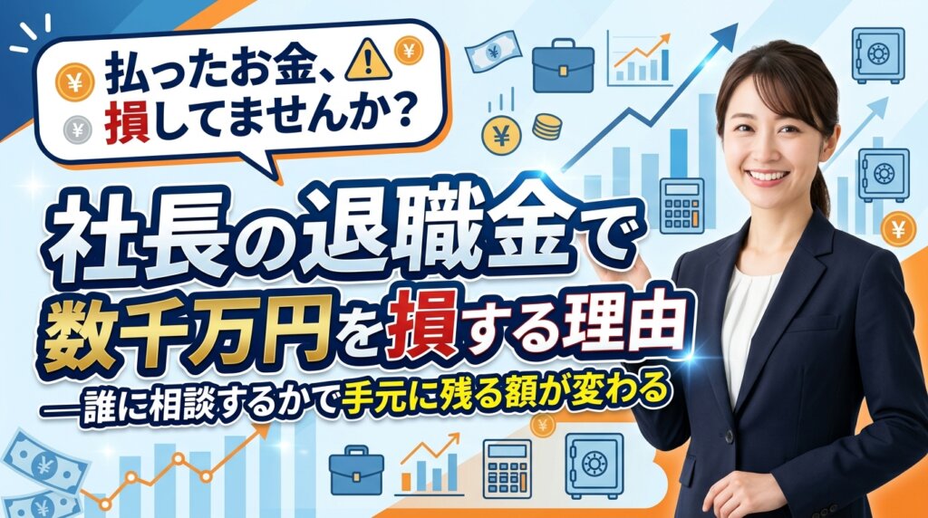 社長の退職金で数千万円を損する理由と、誰に相談するかで手元に残る額が変わることを示したアイキャッチ画像。