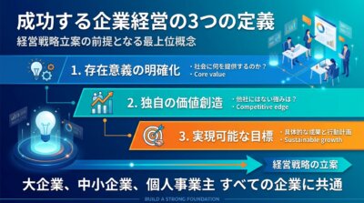 成功する企業経営の3つの定義を示す図解。存在意義の明確化・独自の価値創造・実現可能な目標の3段が経営戦略の立案につながり、企業規模を問わず共通だと説明。