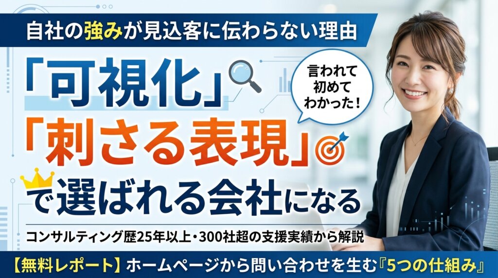自社の強みが見込客に伝わらない理由を「可視化」と「刺さる表現」で解く、アイキャッチ画像。コンサルティング歴25年以上・300社超の支援実績から解説すると示し、スーツ姿の女性が配置されている。