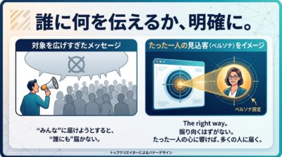 誰に何を伝えるかを明確にする重要性を示す図解。対象を広げすぎたメッセージは誰にも届かず、たった一人の見込客(ペルソナ)をイメージすべきだと左右で対比。