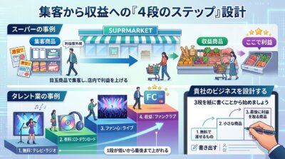 スーパーの特売品からの店内誘導と、歌手の無料曲からファンクラブまでの4段のステップで、集客から収益への設計を示した図解。