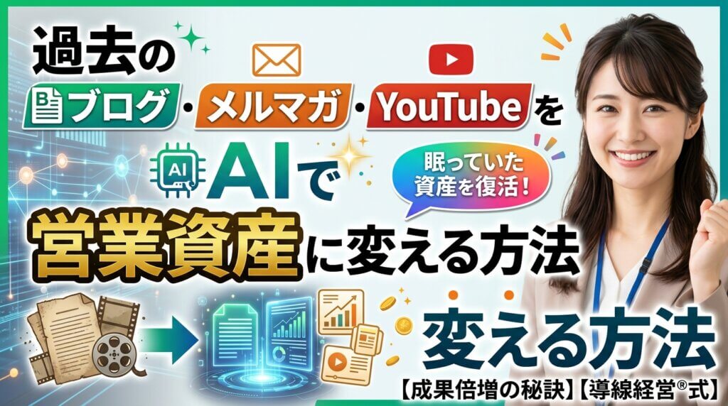スーツ姿の女性と、過去のブログ・メルマガ・YouTubeをAIで営業資産に変える流れを示したアイキャッチ画像。